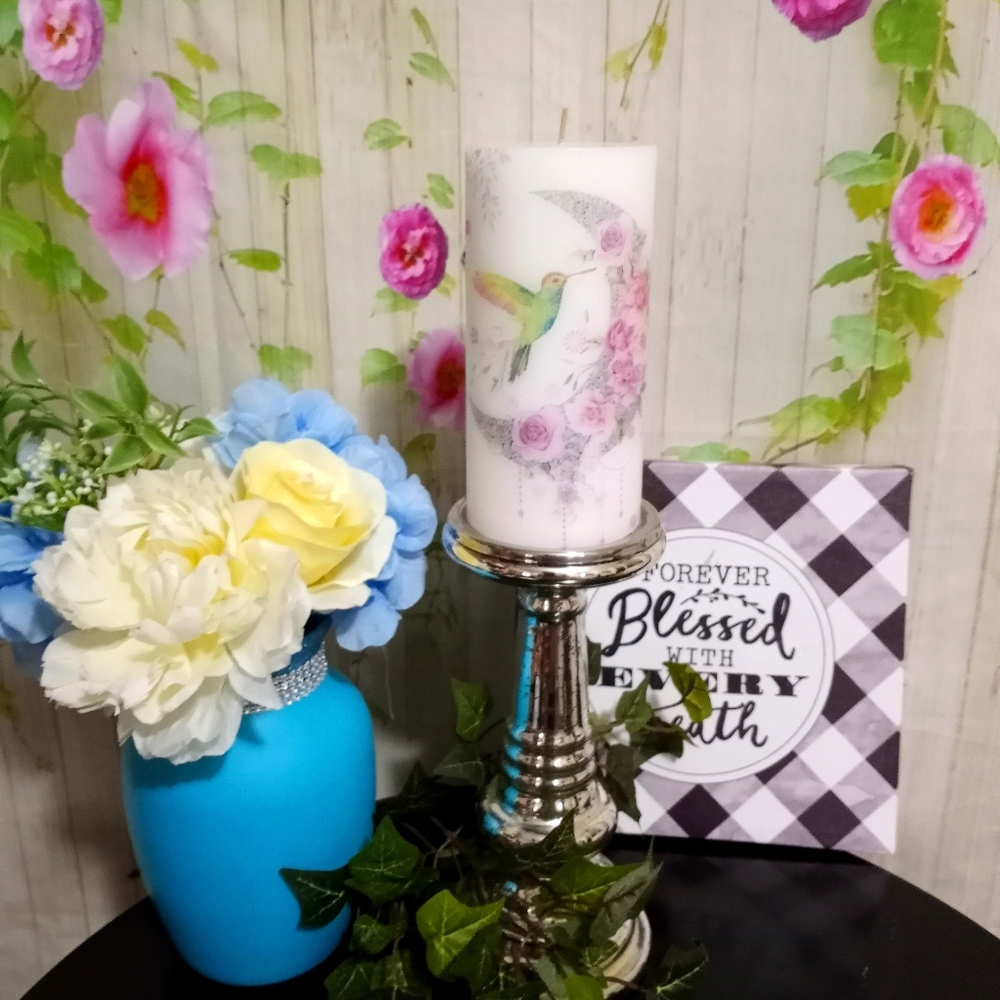 Hummingbird Diamond Crescent Moon Pillar Candle